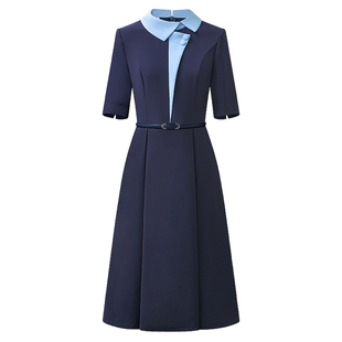 藏青短袖通勤连衣裙夏季客服珠宝酒店物业医美职业前台工作服装女