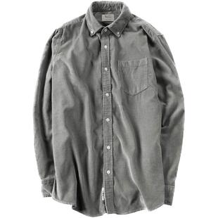 日系全棉灯芯绒衬衫男长袖纯棉条绒衬衣外套男装新疆棉秋款米白色