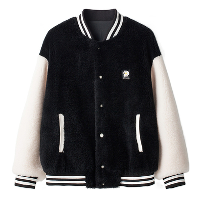 全羊毛颗粒绒棒球服皮草外套男士加厚羊剪绒撞色羊羔毛夹克短款潮