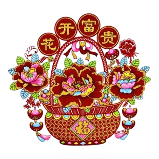 新年彩金植绒窗花剪纸春节装饰植绒静电贴玻璃窗贴过年阳台窗花贴