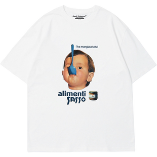 美式复古人像印花vintage宽松大码杏色短袖T恤chic小众设计感上衣