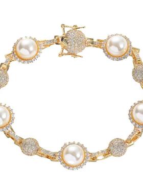 新款嘻哈镶钻珍珠项链男款个性潮流复古叠搭链条卫衣跨境配饰