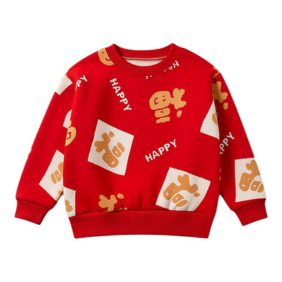 新款女童红色加绒卫衣超好看冬季儿童保暖春秋男童本命年加厚上衣