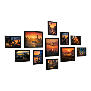 黑金都市风景照片墙轮船飞机城市海报剪影相框客厅沙发背景墙画