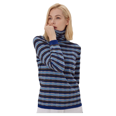 长袖羊绒衫提花高领条纹