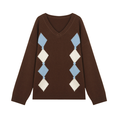 全羊毛菱格钩花V领套头毛衣