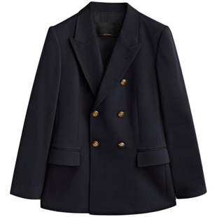 早秋新款 MD高端女装 藏青色通勤休闲金属双排扣羊毛西装外套上衣