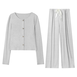 爱帝带胸垫睡衣女2026春秋新款花纱减龄长袖家居服套装可外穿甜美