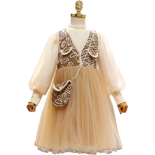 欧美女童装春秋季公主网纱背心裙打底衫套装韩版中大童淑女洋气质