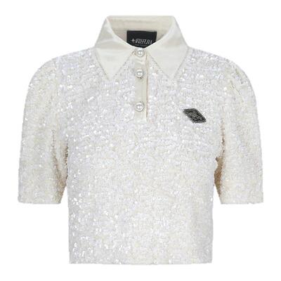 米白色亮片短袖polo领短款上衣女