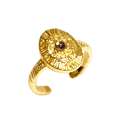 ATELIERSO 复古雕花圆片戒指 天然石点缀两色复古可调精致戒指