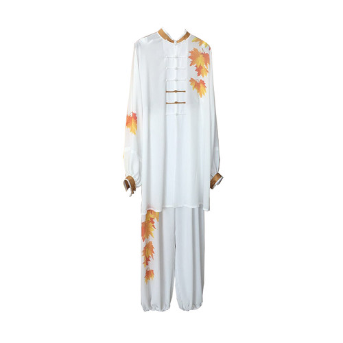 马蕾太极春夏男太极服丝麻太极服新款表演服女练功服彩绘枫叶如蝶