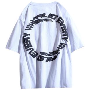 国潮个性圈圈英文印花高街短袖女嘻哈个性潮流百搭情侣款上衣服男