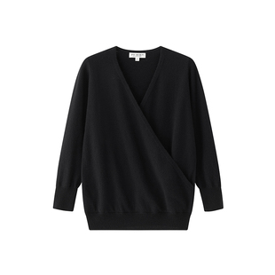 Into Fiction 纯羊毛法式心机交叠V领显瘦黑色针织衫七分袖毛衣