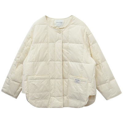 333sss 很实穿！无领圆领宽松米白色开叉羽绒服女短款外套