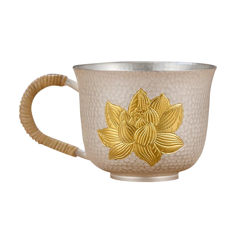 顺钦银楼S999纯银鎏金茶杯手工银水杯茶杯锤纹杯茶具家用送长辈