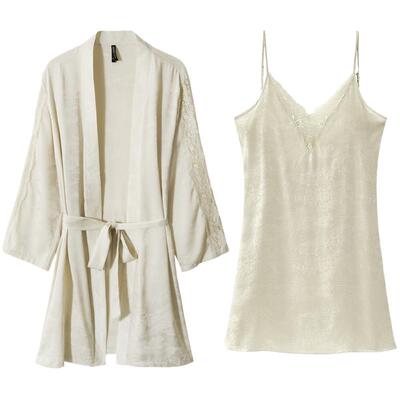 奢拉女士长袖缎面蕾丝睡衣两件套