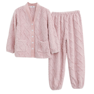 秋冬睡衣女小个子150V领开衫法兰绒长袖家居服冬季套装145矮个子