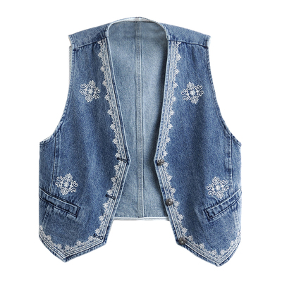 复古刺绣牛仔马甲女V领宽松