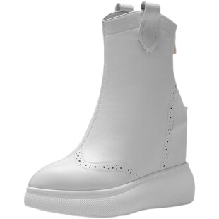 秋冬款马丁靴女真皮内增高12cm矮小个子坡跟黑色厚底轻便中筒短靴