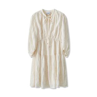 LILY秋款女装肌理感重工流苏绣花V领飘带设计感收腰小白裙