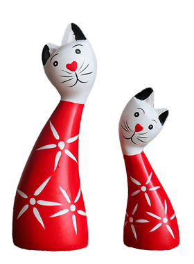 北欧简约原木红猫木质彩绘桌面茶几装饰摆件摄影道具家居工艺品