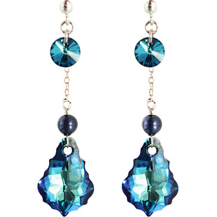 节日特别款奥地利施家百慕大蓝水晶 通体925银耳环巴洛克无痛耳夹