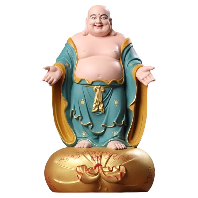 海纳百川布袋佛张开双手彩绘弥勒佛木雕摆件玄关桌面装饰摊开手臂