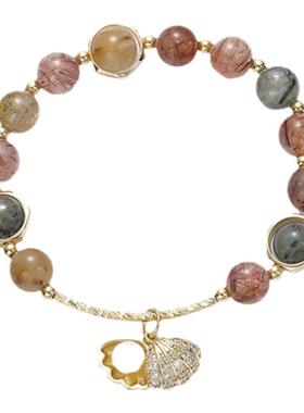 天然水晶手串招财彩发晶手链女转运珠糖果扇贝珍珠手串手绳小礼物