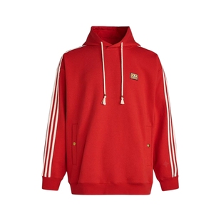 阿迪达斯三叶草新年款红色卫衣26新款男双面针织连帽套头衫KT0646