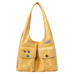 TOUTOU松松奶黄托特包大容量通勤女士黄色单肩包油蜡双面腋下包包