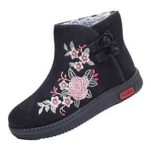 老北京布鞋女棉鞋冬季加绒保暖民族风绣花高帮靴中老年妈妈女短靴