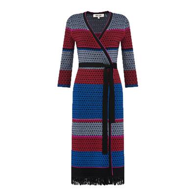 DVF粉蓝条纹图案裹身裙