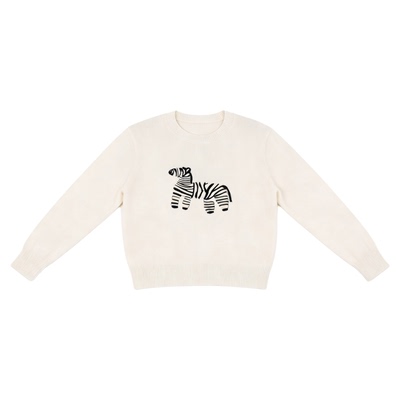 百家好白色斑马刺绣圆领针织衫女