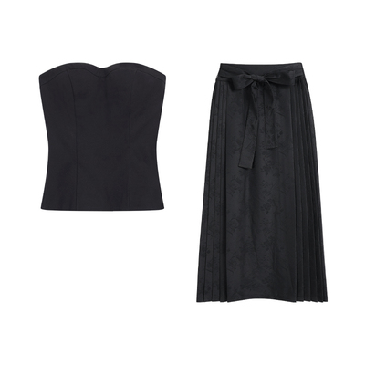 1XTWO 酷飒风带胸垫抹胸女新中式缎面提花绑带国风马面半身裙套装