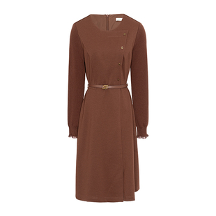 JESSIE美拉德风棕色圆领连衣裙女秋冬新款中长款打底内搭裙子