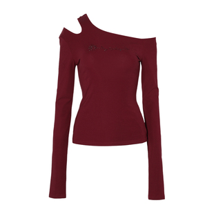 DPLAY秋季新款红色t恤女烫钻露肩设计修身莱赛尔长袖上衣