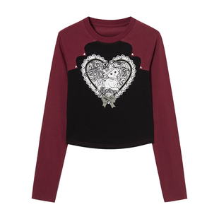 EPTISON长袖T恤女2025秋季新款蕾丝拼接小猫可爱风减龄短款上衣