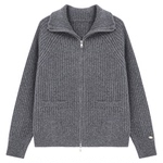 Basic House/百家好翻领灰色毛衣女春新款绵羊毛针织毛衫开衫外套