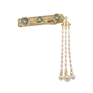 法式蓝色花朵珍珠流苏发夹女新款侧边刘海夹子碎发鸭嘴夹时尚发卡