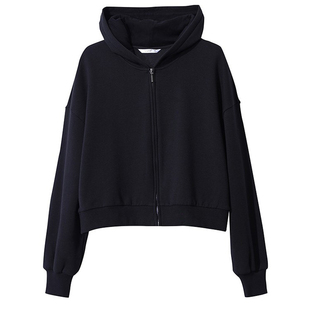 Amii宽松落肩袖拉链连帽卫衣短外套女秋冬2025新款内抓毛保暖上衣