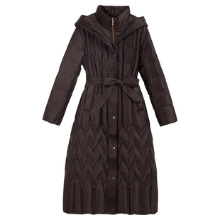 YINER音儿专选2025冬季新款高密缎面修身X型立领连帽长款羽绒服