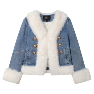 白鹿语90鸭绒牛仔羽绒服冬季新款气质拼接毛绒长袖温暖女式羽绒服