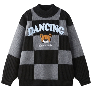 [Z]MQD童装男童毛衣2025冬季新款儿童棋盘格加厚保暖半高领针织衫