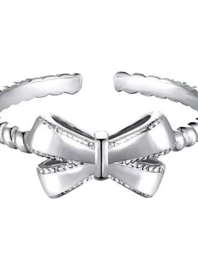 指间华尔兹欧美网红款925纯银蝴蝶结戒指女韩版麻花螺纹简约风叠