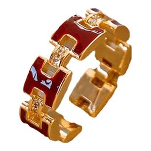 珐琅红色H字母戒指女轻奢高级感中古食指指环巨好看小众设计手饰