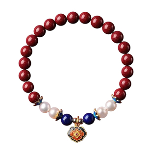 普陀山天然朱砂长生锁珍珠手串女款本命年手链平安锁送情人节礼物