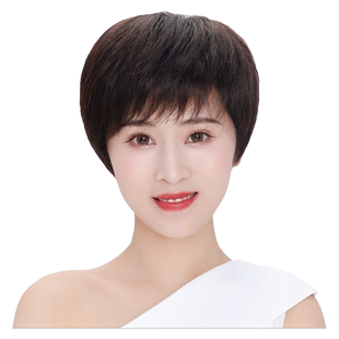 全手织假发女短发自然全头套中老年妈妈全真人发丝短直发真发发套