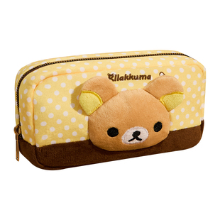 波点轻松熊毛绒笔袋高颜值ins风女孩2025年新款文具盒学生大容量小众可爱铅笔盒波点拼色卡通文具收纳包