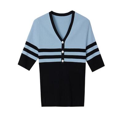 墨蒂珂套头V领修身条纹针织衫